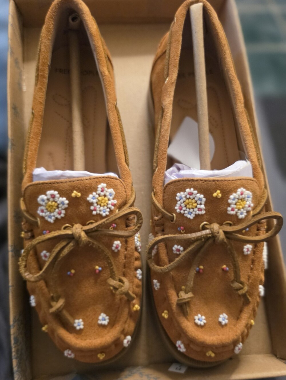Free People Suede Moccasin Loafers with Floral Bead Detail - Tan